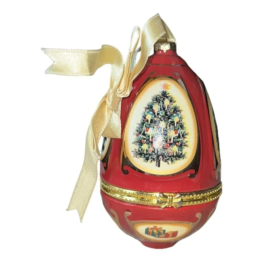 Valerie Parr Hill Christmas Egg Music Trinket Box Ornament Red Tree EUC
